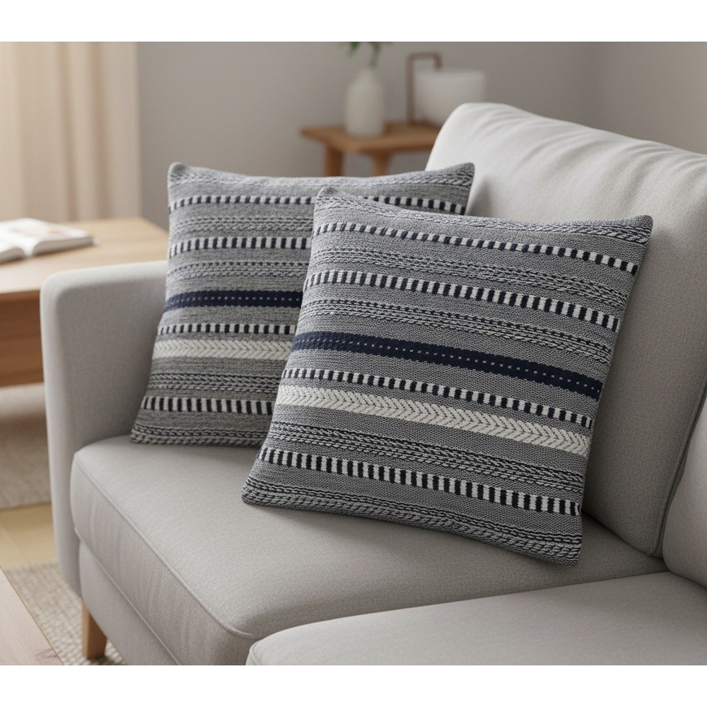 Set of 2 Blue Gray Striped Woven Decorative Throw Pillows 16x16 Square Accent